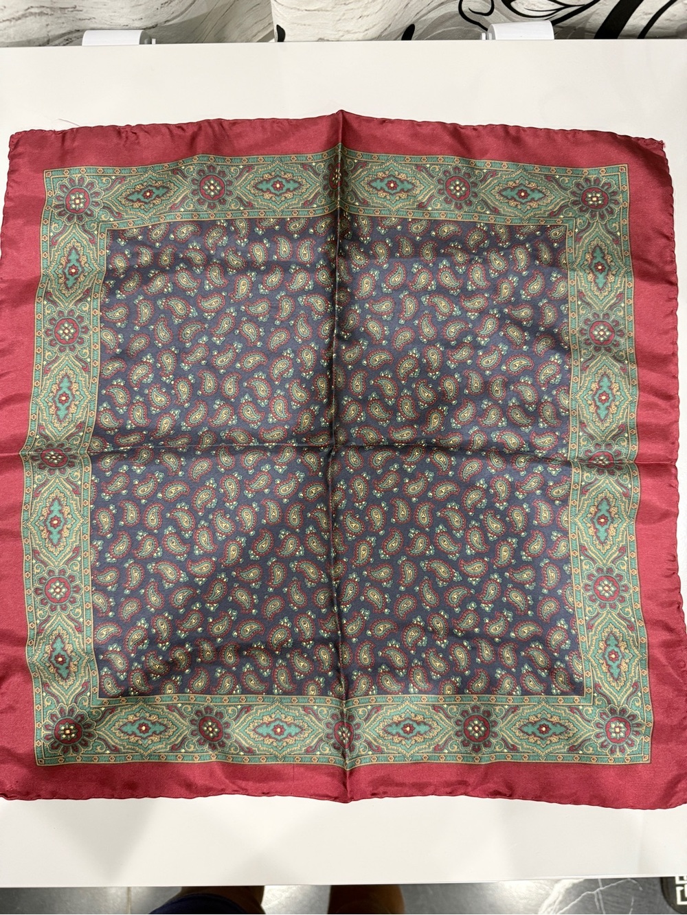 Vintage Ashear Paisley Silk Scarf in Burgundy and Green 16”